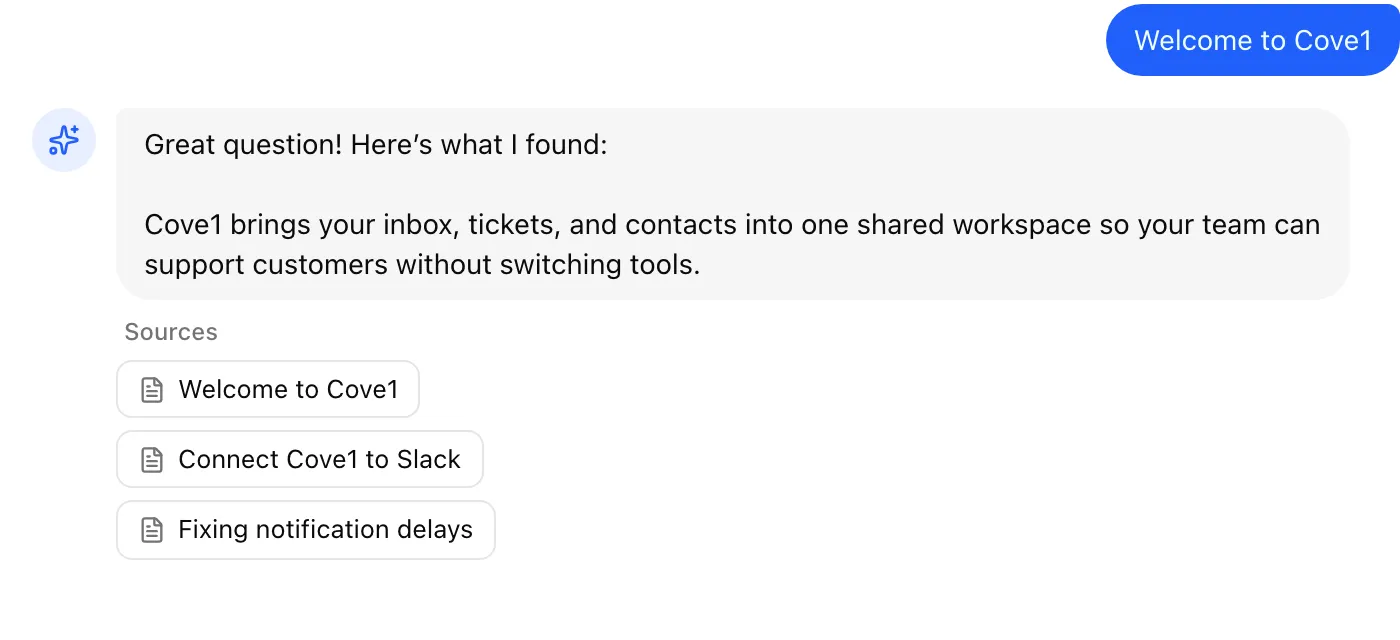 cove1 AI agent answering a customer question from the knowledge base, with three cited source articles listed under the reply