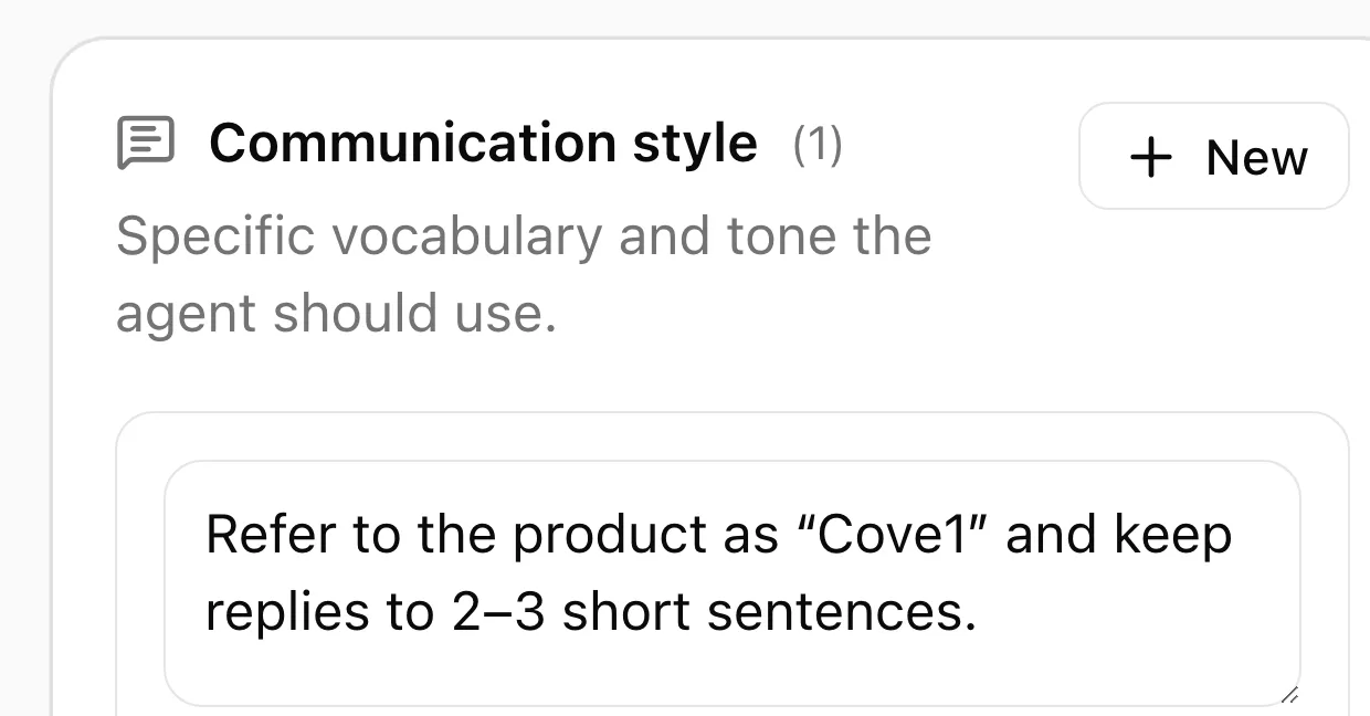 cove1 agent guidance panel: a plain-language communication-style rule the agent applies to every reply, with an enabled toggle